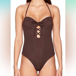 NEW Mara Hoffman Lattice Underwire One Piece Swimsuit Brown Size XL
